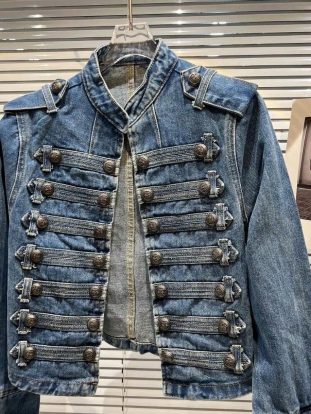 Dark Blue Button Casual Women's Jean jacket - Picture 3 of 5